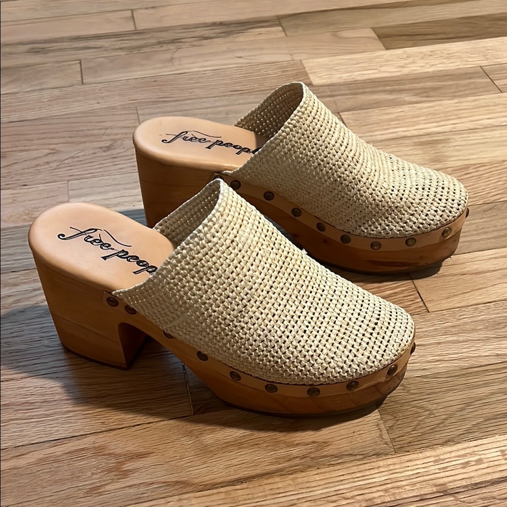 Free People Cream and Brown Woven Mules